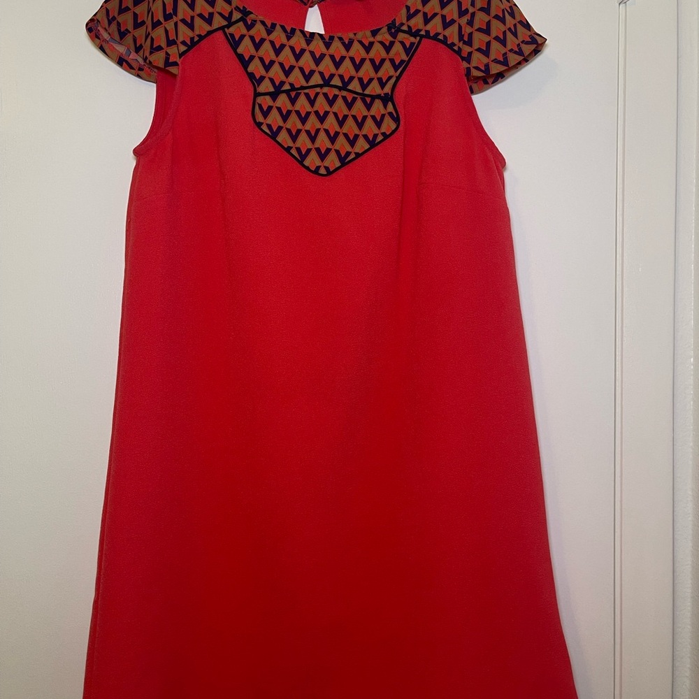 Salmon Dress with Navy and Gold Patterned Accents